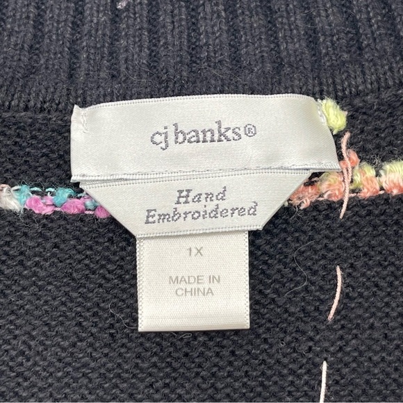CJ Banks 1X Hand Embroidered Zip up Cardigan Sweater Vest Black Pastel Ramie - Picture 8 of 12